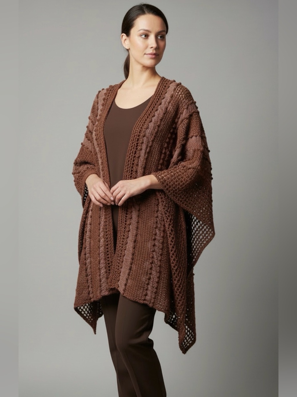 Shyanne Women’s Brown Crochet Sweater Kimono One Size